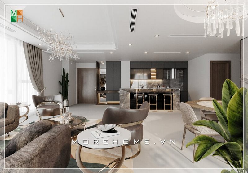 Mẫu thiết kế nội thất hiện đại và tinh tế đã tạo ra ấn tượng sâu sắc với sự thống nhất giữa các khu vực trong không gian nhà phố, biệt thự, chung cư đẳng cấp và sang trọng. Từ phòng khách liền phòng bếp đã tạo ra một liền mạch khoa học phù hợp.